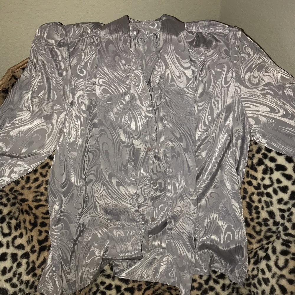 Beautiful silvery grayish Silky Scarf Blouse.